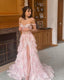 Pretty A-Line Off The Shoulder Pink Lace Slit Prom Dress Long Prom Dresses