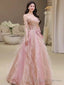 Pretty A Line Off The Shoulder Tulle Pink Floor Length Evening Dress Prom Dresses