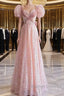 Pretty A-Line Sweetheart Short Sleeves Long Prom Dresses Pink Prom Dress