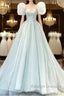 Pretty Ball Gown Square Neckline Short Sleeves Long Prom Dresses
