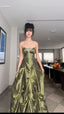 Pretty Ball Gowns Strapless Green Satin Prom Dress Long With Silver Beads