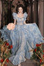 Pretty Light Blue Floral Short Sleeves Long Prom Dresses Light Blue Prom Dresses