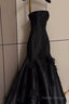 Pretty Mermaid Strapless Black Long Satin Prom Dress With Flowers