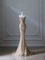 Pretty Mermaid Strapless Gold Sequin Beads Prom Dress Long Prom Dresses