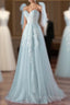 Pretty Mint Blue Tulle With Lace A-Line Long Prom Dresses Mint Blue Prom Dresses Fornal Dresses