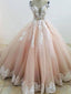 Pretty Pastel Pink Lace Applique Wedding Dress Chapel Train Prom Dress