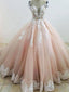 Pretty Pastel Pink Lace Applique Wedding Dresses Chapel Train Prom Dresses