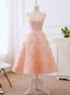 Pretty Pink Tea Length Flower Lace Wedding Party Drses, Pink Lace Formal Dress Prom Dress