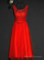 Pretty Red Tulle and Lace Tea Length Prom Dress, Red Bridesmaid Dress
