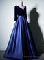 Pretty Royal Blue Long Sleeves Satin with Velvet Prom Dress, A Line Long Prom Dress