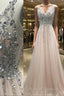 Pretty Sequins Long Tulle V-Neck Prom Gowns