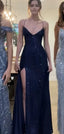 Pretty Sheath Spaghetti Straps Slit Navy Blue Sequin Prom Dresses Evening Dress