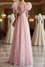 Princess A-Line Pink Short Sleeves Sequin Long Prom Dress