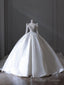 Princess Ball Gowns Scoop Neckline Long Sleeves Pleats Beads White Satin Wedding Dresses