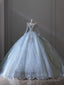 Princess Ball Gowns Scoop Neckline Long Sleeves Sequin Light Sky Blue Long Wedding Dresses Brides Dress