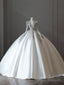 Princess Ball Gowns V Neckline Long Sleeves Pleats Beads White Satin Wedding Dresses