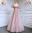 Princess Dreamy Pink A-Line Square Neck Puff Sleeve Beaded Tulle Long Formal Prom Dress