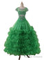 Princess Green Child Pageant Prom Dress Beaded Cap Sleeve Kids Flower
