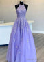 Princess Halter Long Dress Floor Length Lace Tulle Prom Dress With Appliqued Beading