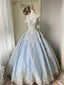 Princess Light Blue Lace Tulle Ball Gown Prom Dress Sweet 16Th Dress
