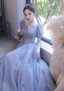 Princess Light Haze Blue Puff Sleeve A-Line Tulle Long Formal Prom Dress