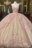 Princess Pink Quinceanera Dresses Lace Appliques Sweet 15 Party Prom Ball Gown