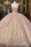 Princess Pink Quinceanera Dress Lace Appliques Sweet 15 Prom Ball Gown