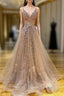 Princess V Neck Sweep Train Lace Tulle Yarn Prom Dress With Glitter