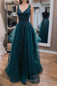 Teal Blue Tulle V-Neckline Long Party Dress With Lace, Teal Blue Long Prom Dress
