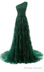 Forest Green Prom Dresses, Lace Tulle Floor Length Prom Dress Featuring One Shoulder Bodice With Bow Accent Belt