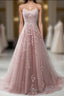 Pink Lace Applique A Line Elegant Spaghetti Straps Prom Dress