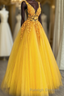 Yellow Tulle With Lace Applique Long Prom Dresses A Line Yellow Prom Dresses
