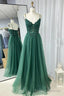 A Line Hunter Green Prom Dresses, Applique Straps Tulle Long Prom Dress