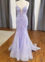 Straps Mermaid V Neck Tulle Appliques Lace Prom Dresses
