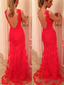 Custom Made V Neck Back Mermaid Backless Red Lace Prom Dresses, Red Lace Formal Dresses