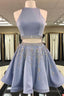 Stylish Two Piece A Line Jewel Sleeveless Short With Beading Prom Dresses