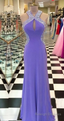 Beaded A Line Lavender Purple Halter Neck Backless Long Prom Dresses