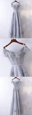 Gray V Neck Tulle Lace Applique Long Prom Dress, Lace Prom Dress, Gray Bridesmaid Dress