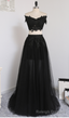Two Pieces A Line V Neck Cap Sleeves Tulle Lace Slit Long Women Prom Dresses Prom Prom Gowns