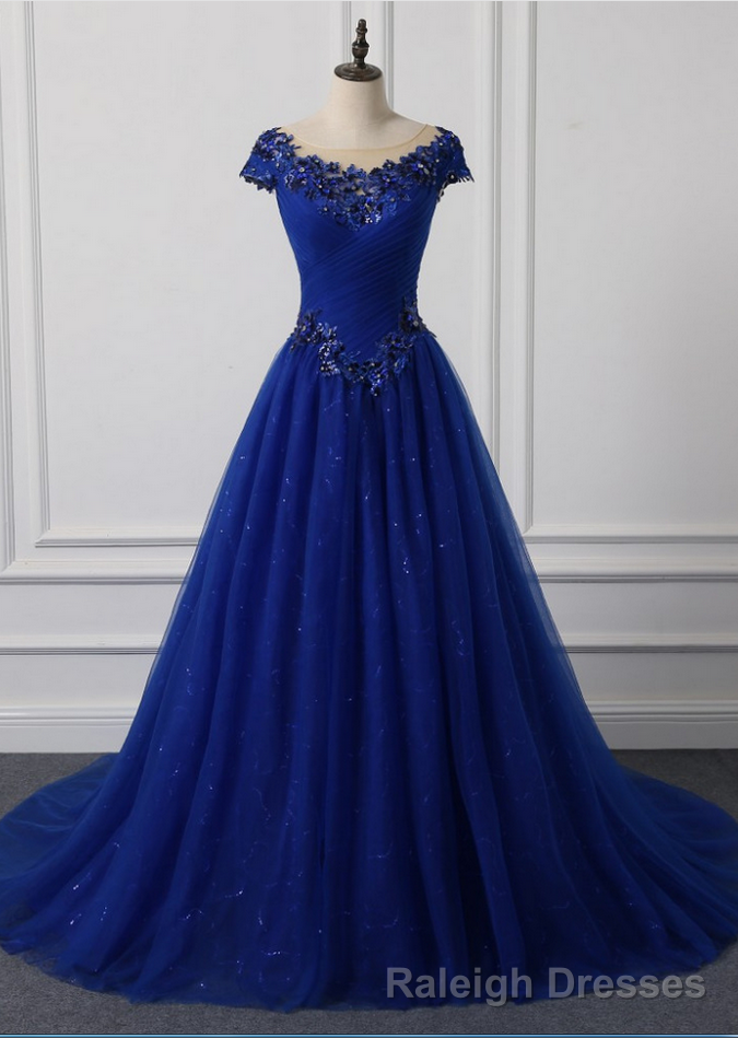 Long Neck Appliqued Wedding Dress Royal Blue Wedding Prom Dresses