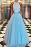 Prety Halter Long Lace Tulle Beding Light Blue For Teens Elegant Prom Dress