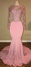 Shiny Pink Backless Beaded Long Sleeves Mermaid Prom Dresses_Sexy Pink Prom Gown