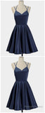 Spark Queen Simple Short Blue Sleeveless V Neck Mini Evening Dress, Women Dress, Satin Ruffles Spaghetti Straps Homecoming Dress