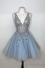 Sparkly A Line Deep V Neck Light Blue Short Homecoming Dresses