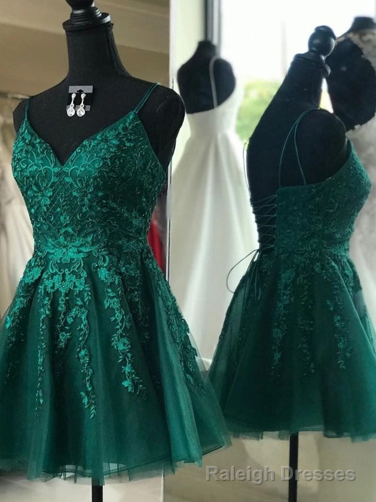 V Neck Emerald Green Lace Appliques Short Prom Dresses, Emerald Green