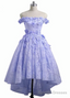 Lavender High Low Lace Prom Dress, Cute Off Shoulder Prom Dress
