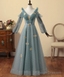 Appliques A Line Tulle Long Bishop V-Ncek Prom Dresses