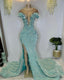 Sequins Light Blue Prom Dresses, Mermaid Prom Dresses, Ruffle Side Slit Custom Make Prom Dresses