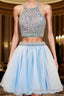 2026 Beautiful Short Two Pieces Light Sky Blue Halter Open Back For Teens Prom Dress