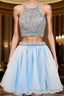 2024 Beautiful Short Two Pieces Light Sky Blue Halter Open Back For Teens Prom Dresses